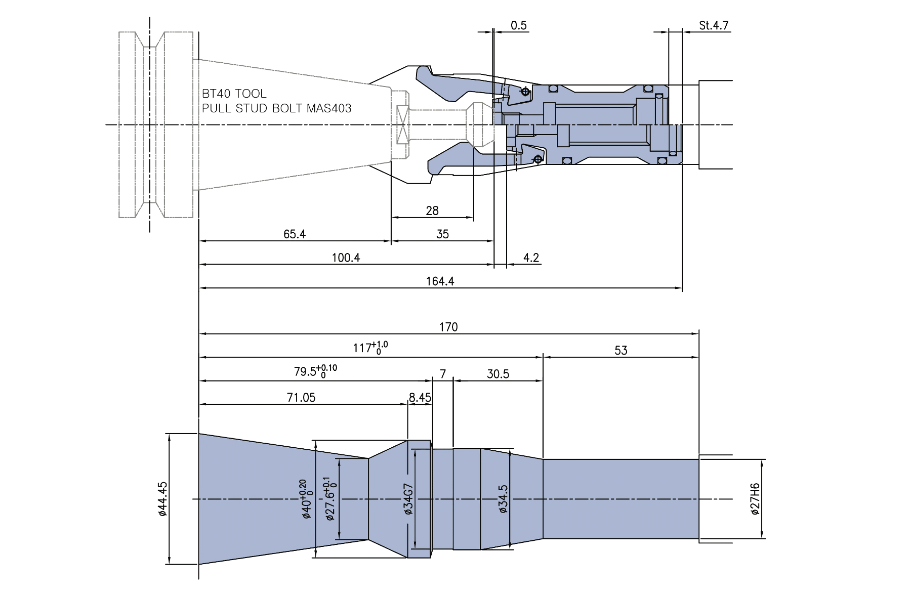 STC40-P40T collet gripper technical drawing for BT40 / MAS403 automatic tool changing
