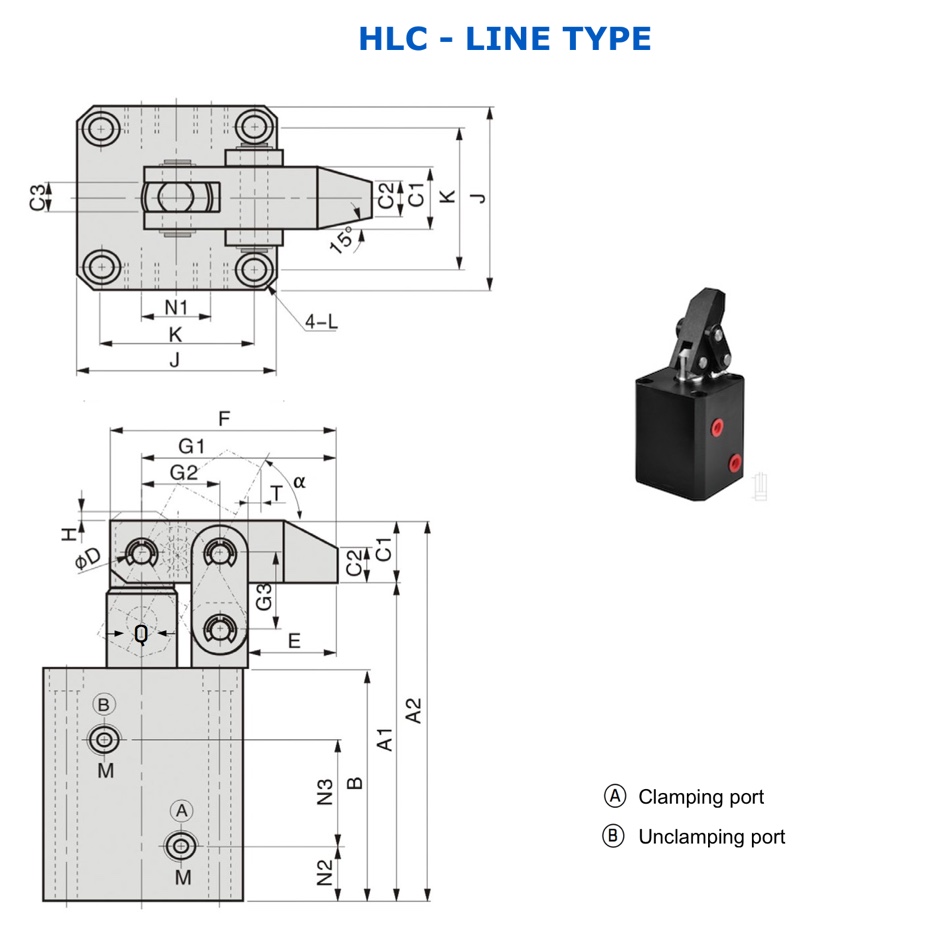 HLC Hydraulic Link Clamp Line Type Technical Drawing