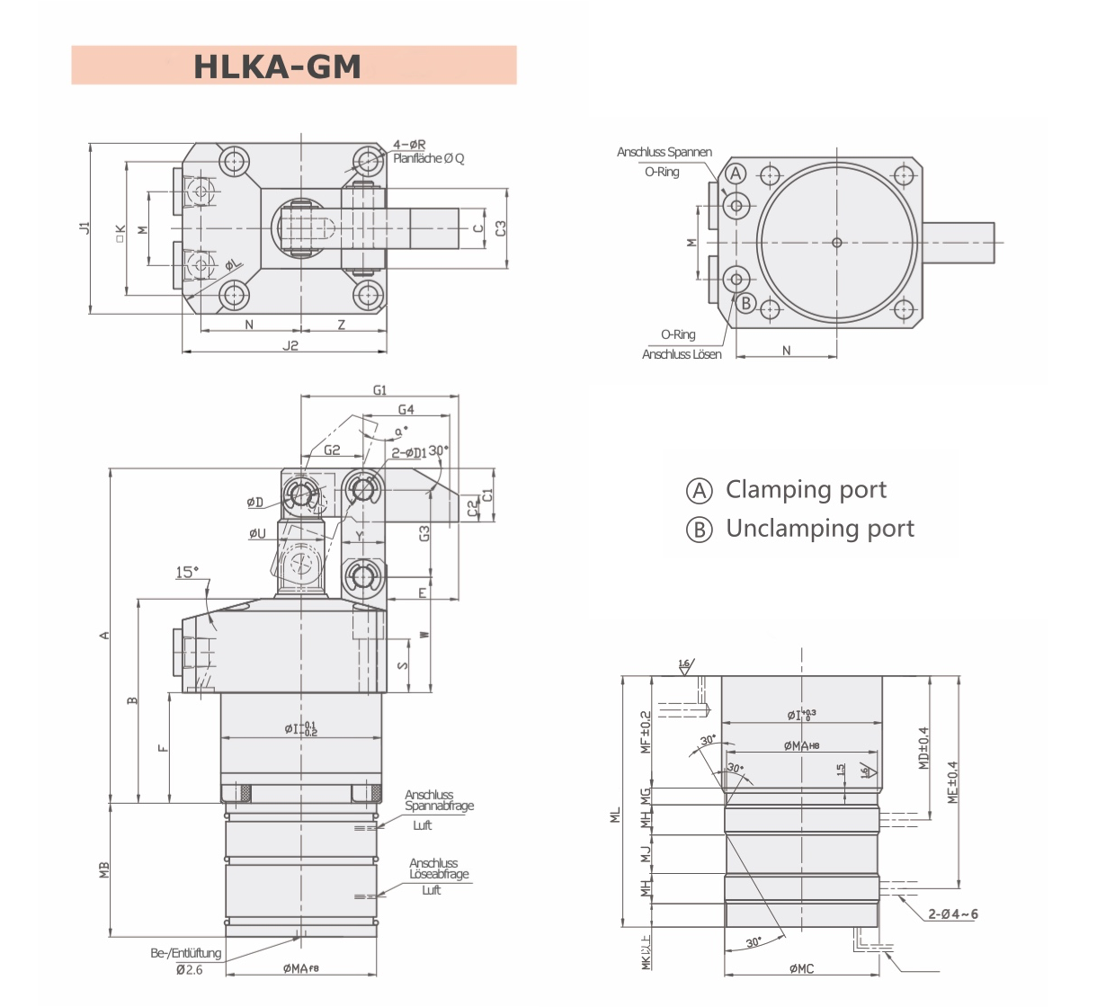 HLKA-GM Technische Zeichnung Hydraulischer Hebelspanner pneumatischer Positionsabfrage bei Tieflochbohrung