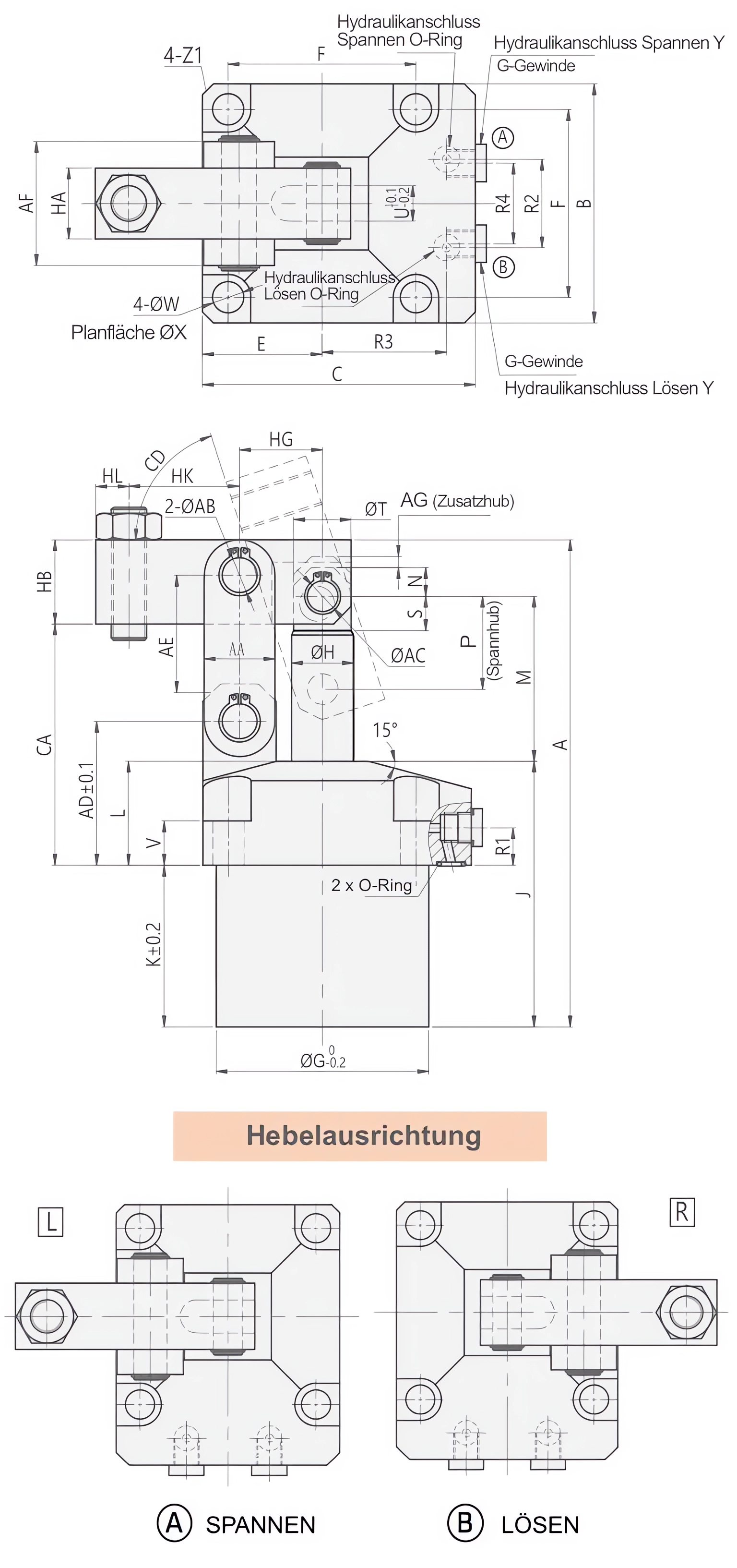 HLKP Hydraulischer Hebelspanner Technische Zeichnung