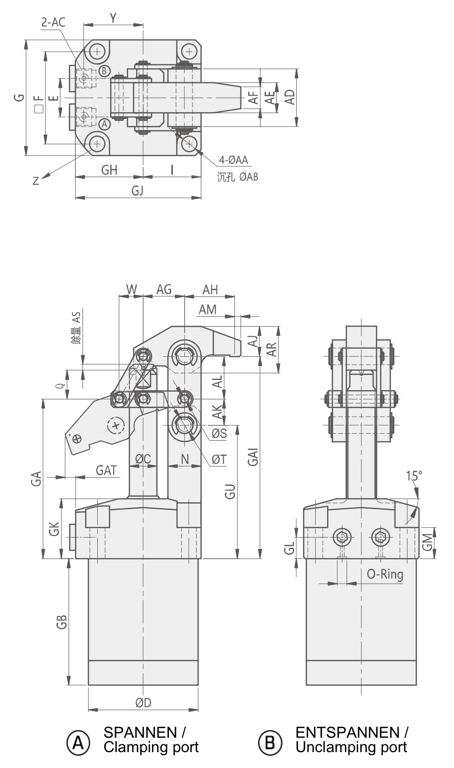 HLS Technische Zeichnung Hydraulischer Hebelspanner O-Ringanschluss