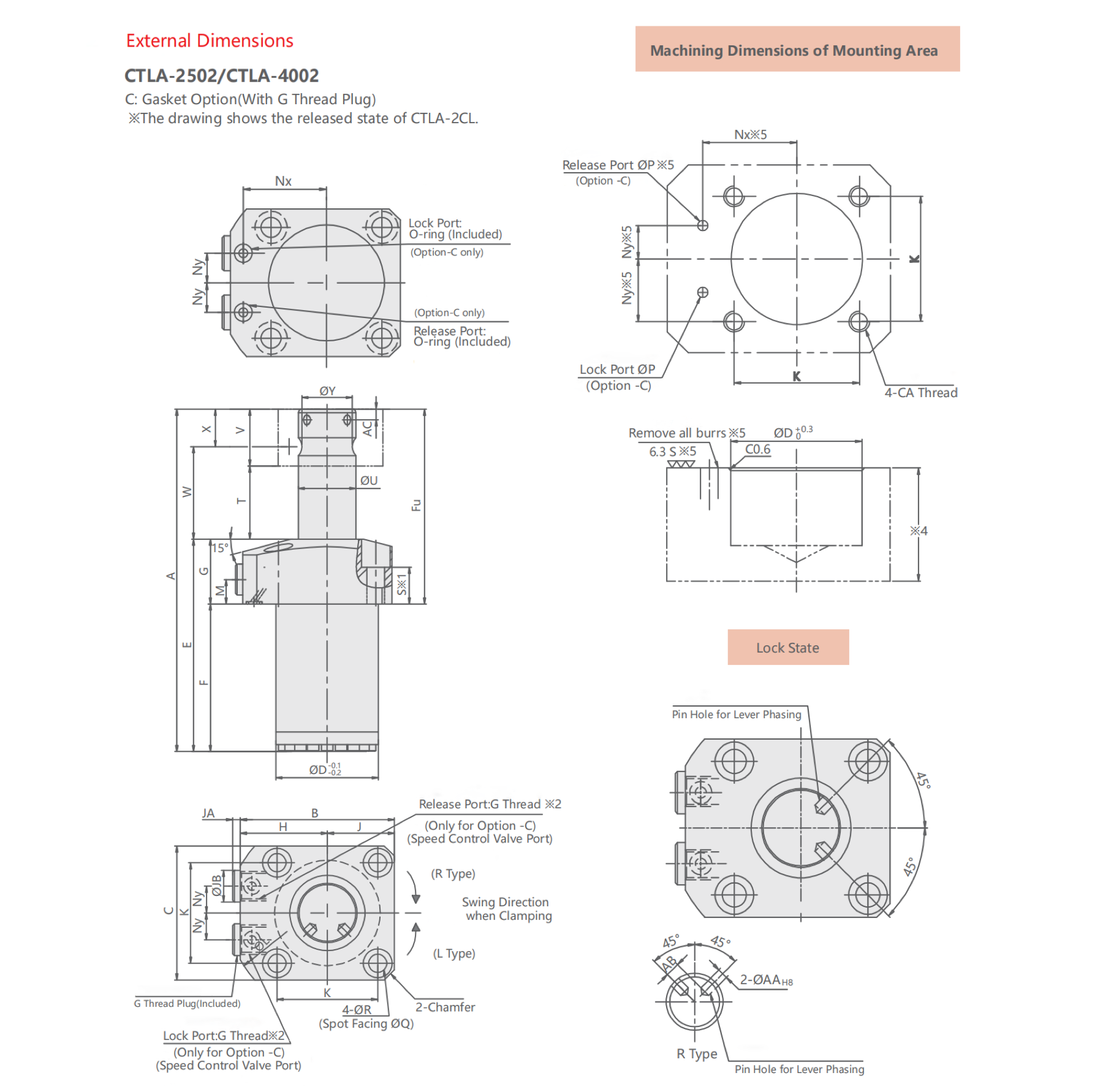 CTLA Hochdruck-Hydraulischer Schwenkspanner technische Zeichnung