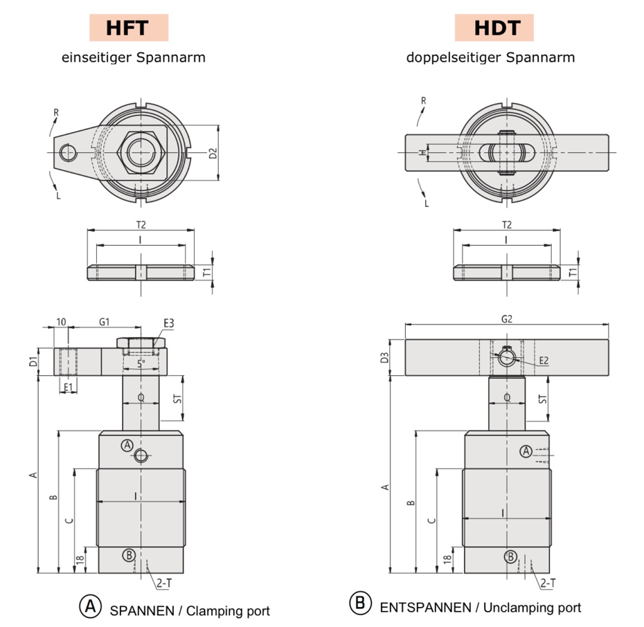 HFT Technische Zeichnung Hydraulischer Schwenkspanner, Schwenkspannzylinder mit Gewindekörper