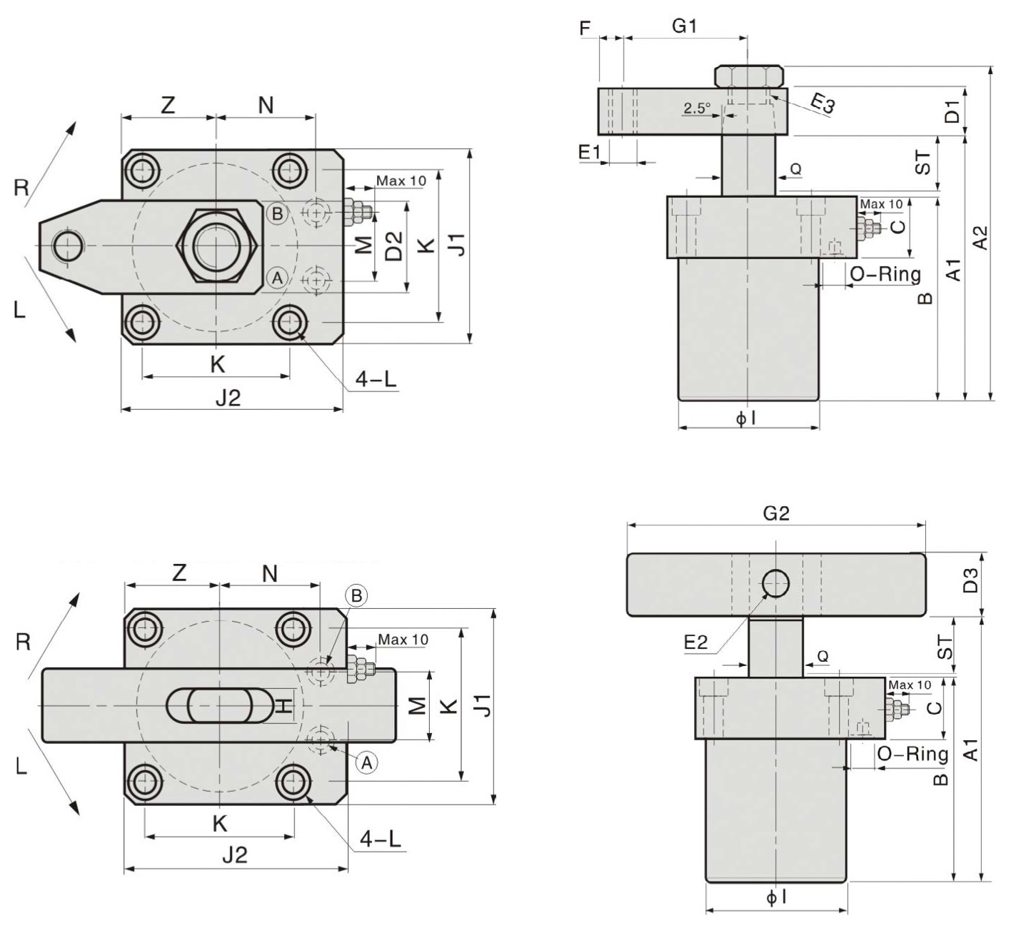 HSC Technische Zeichnung Hyraulischer Schwenkspanner mit O-Ringanschluss und Flansch oben