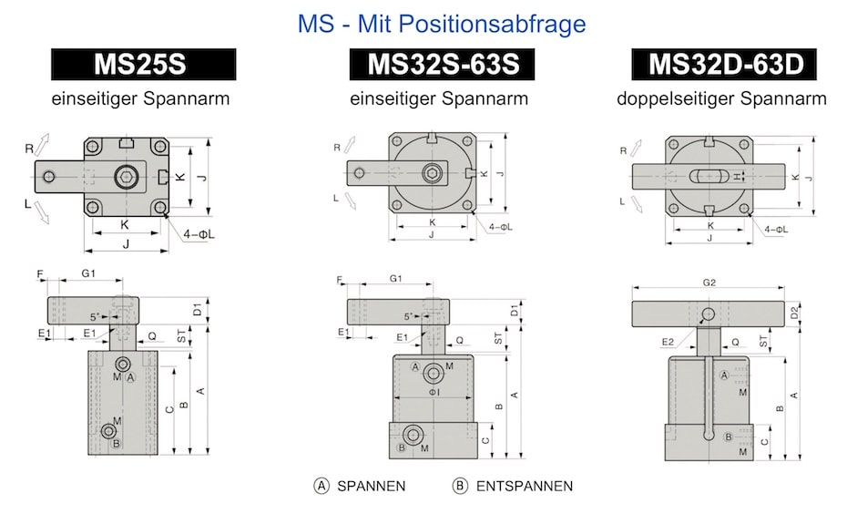 ASC-MS Technische Zeichnung Pneumatischer Schwenkspanner mit Magnetkolben für Endlagenabfrage