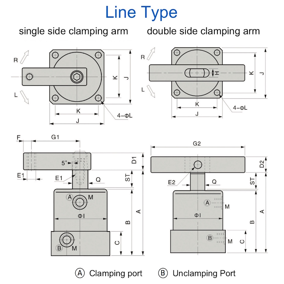 ASC Technical Drawing Pneumatic Swing Clamp Line type