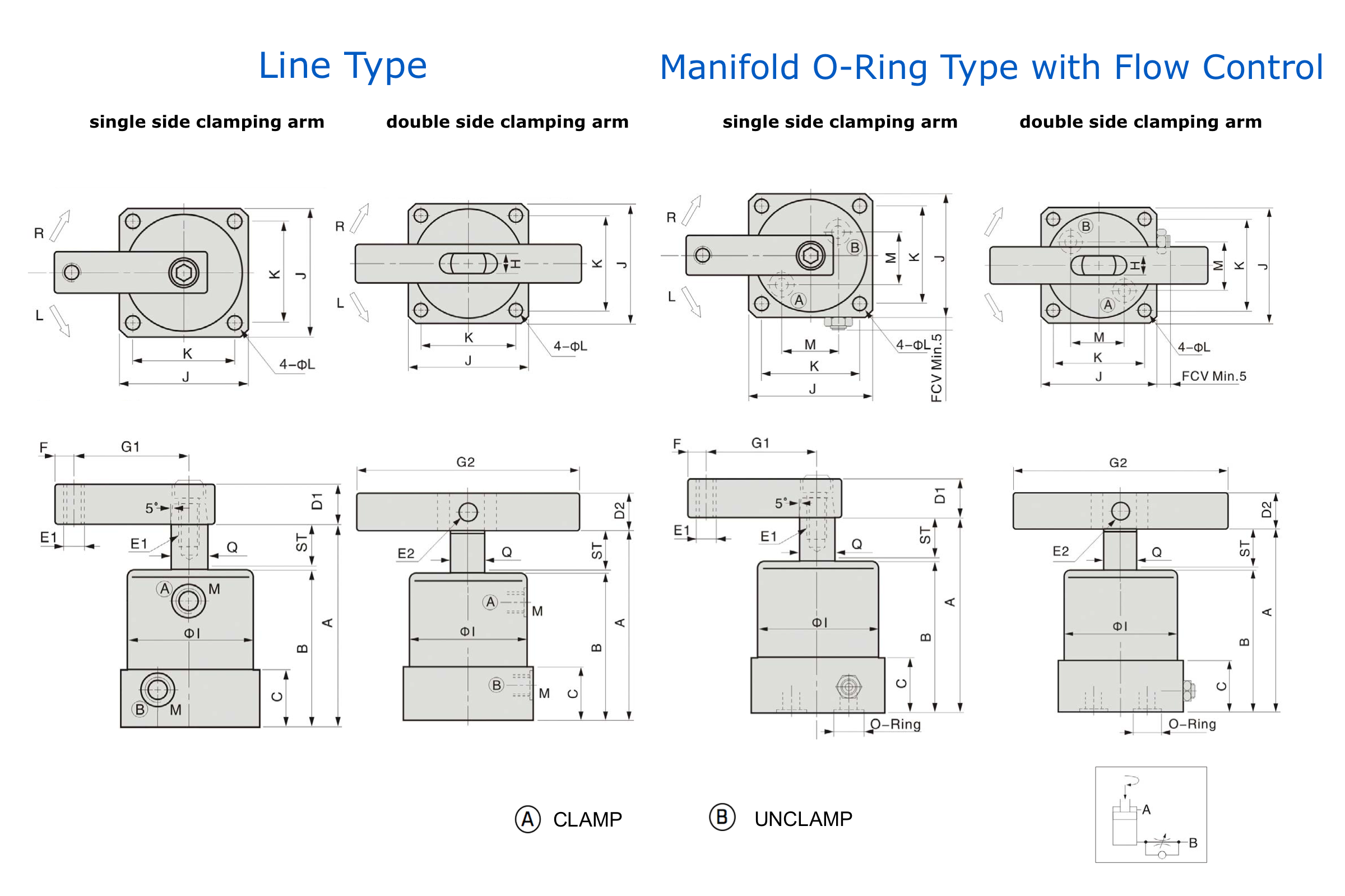 ASC Technical Drawing Pneumatic Swing Clamp Line type and Manifold O-Ring type with Flow Control