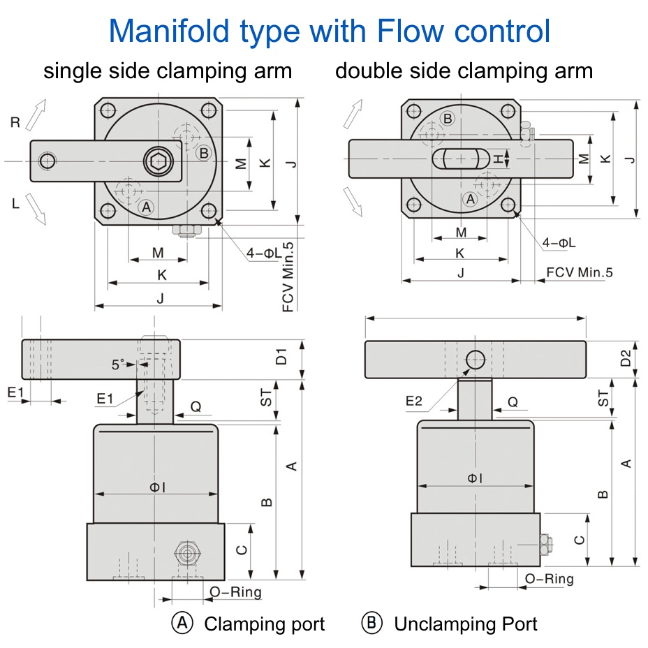 ASC Technical Drawing Swing clamp Manifold type with flow control