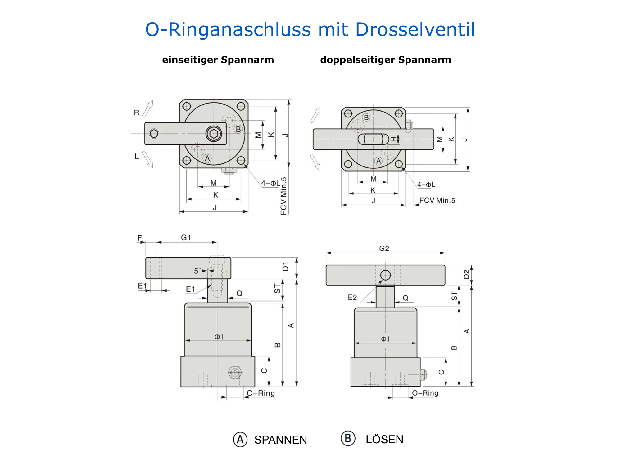 ASC Technische Zeichnung Pneumatischer Schwenkspanner O-Ringanschluss mit Drosselventil