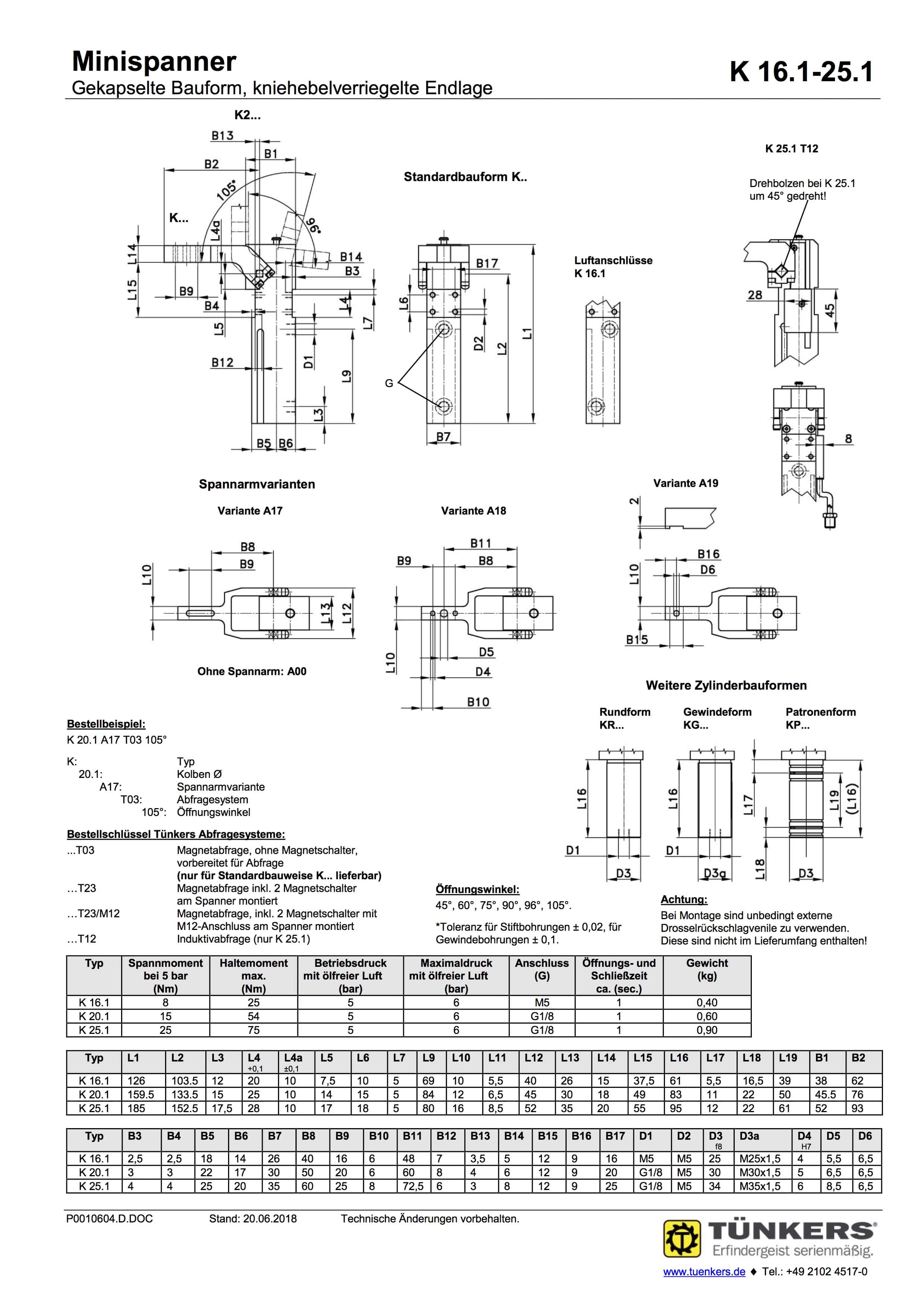 K 16.1 25.1 Technische Zeichnung Minispanner Gekapselte Bauform kniehebelverriegelte Endlage