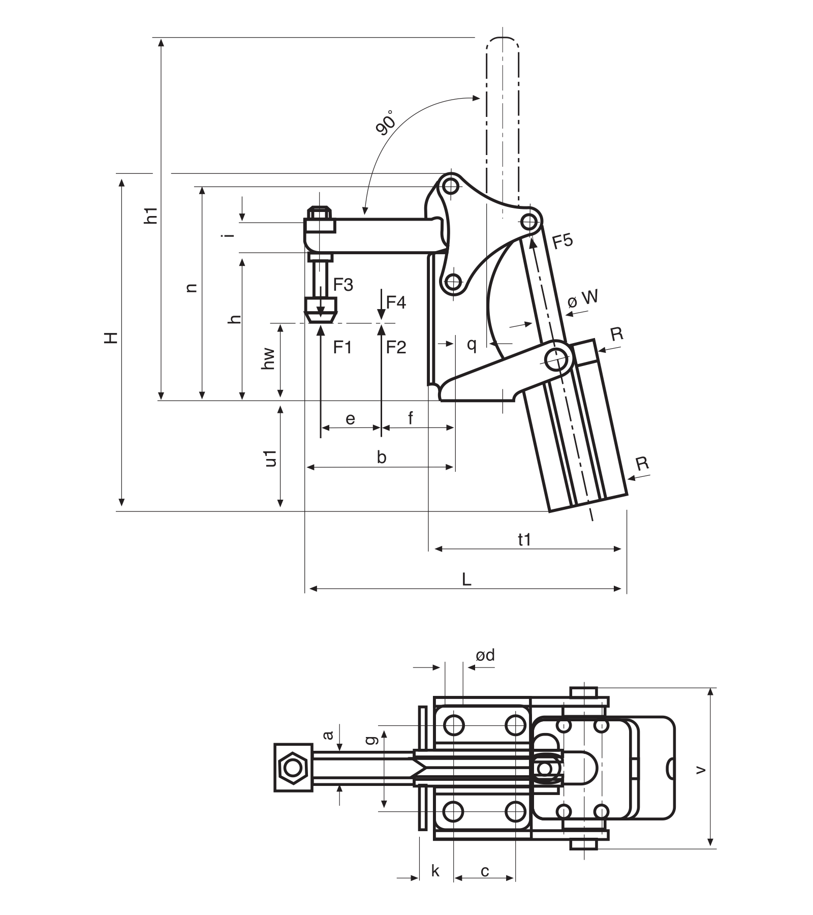 P50E Drawing Pneumatic toggle clamps, vertical attached cylinder