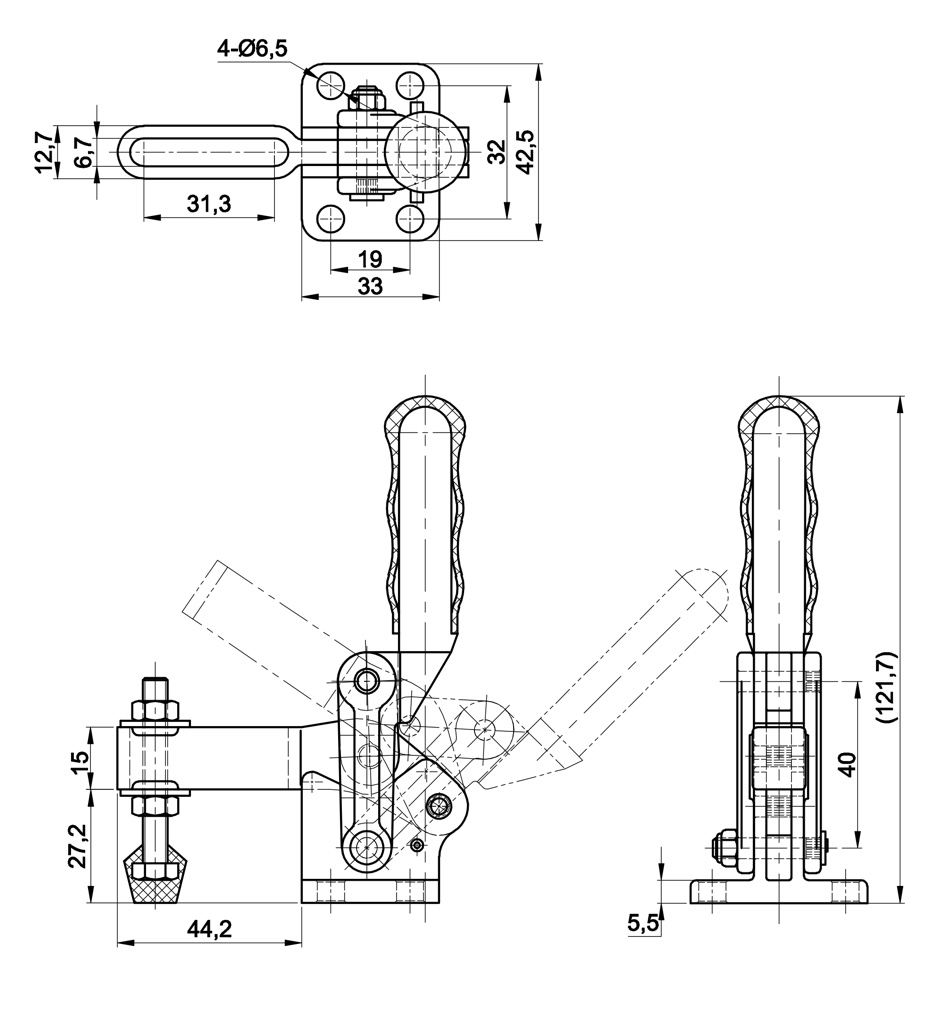 CH-70300B Technische Zeichnung Schnellspanner vertikal schwere Ausführung mit waagrechtem Fuss 3000N