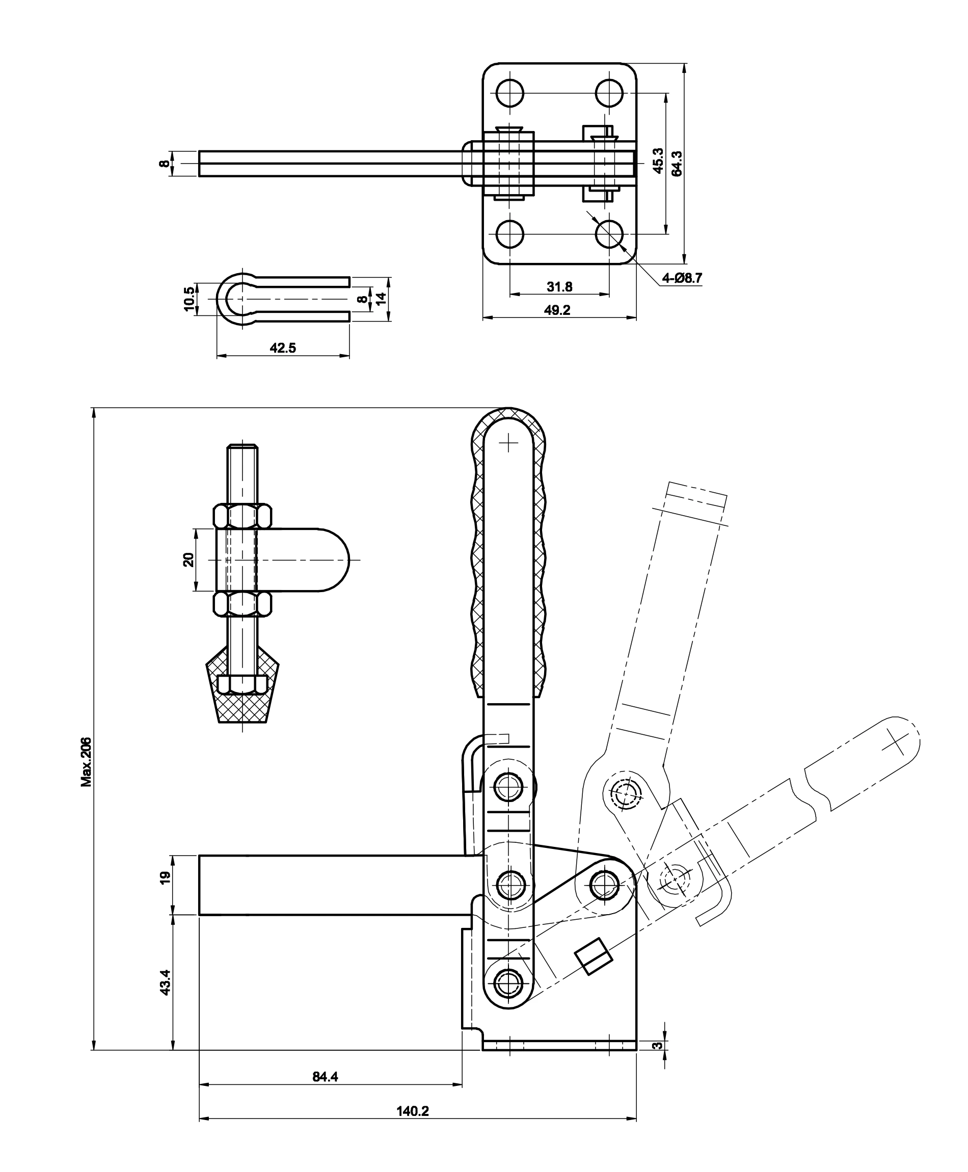 DST-12275 Datasheet Vertical acting toggle clamp with horizontal mounting base 3400N