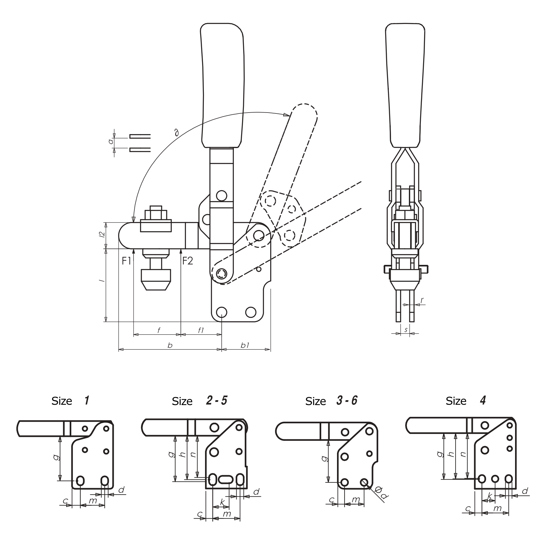 M11 Vertical toggle clamp with vertical base and open clamping arm Drawing and Datasheet 