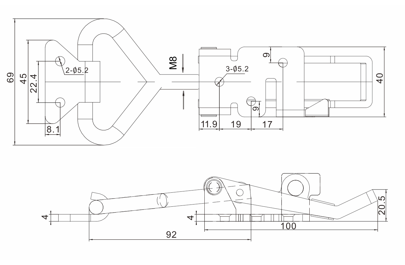 4003-S Technische Zeichnung Verschlussspanner einstellbar mit Schlossoese für Sicherung