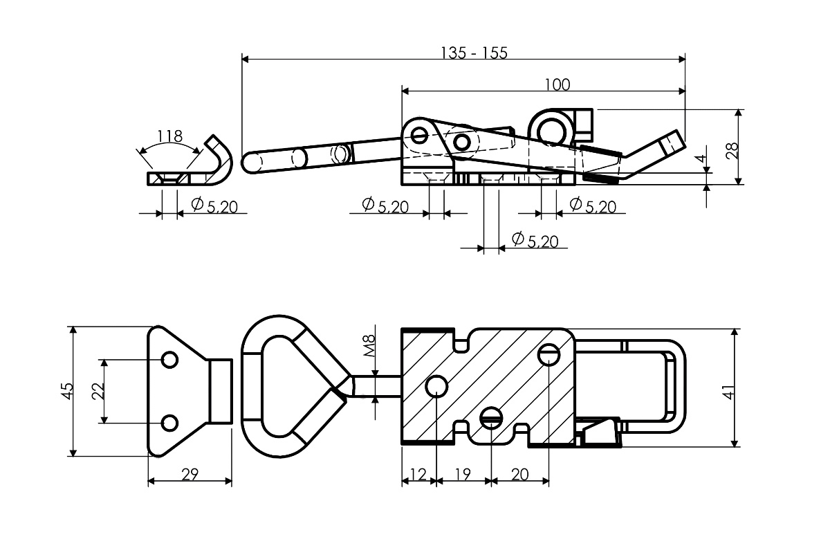 M52S Technische Zeichnung Verschlussspanner einstellbar mit Schlossoese für Sicherung