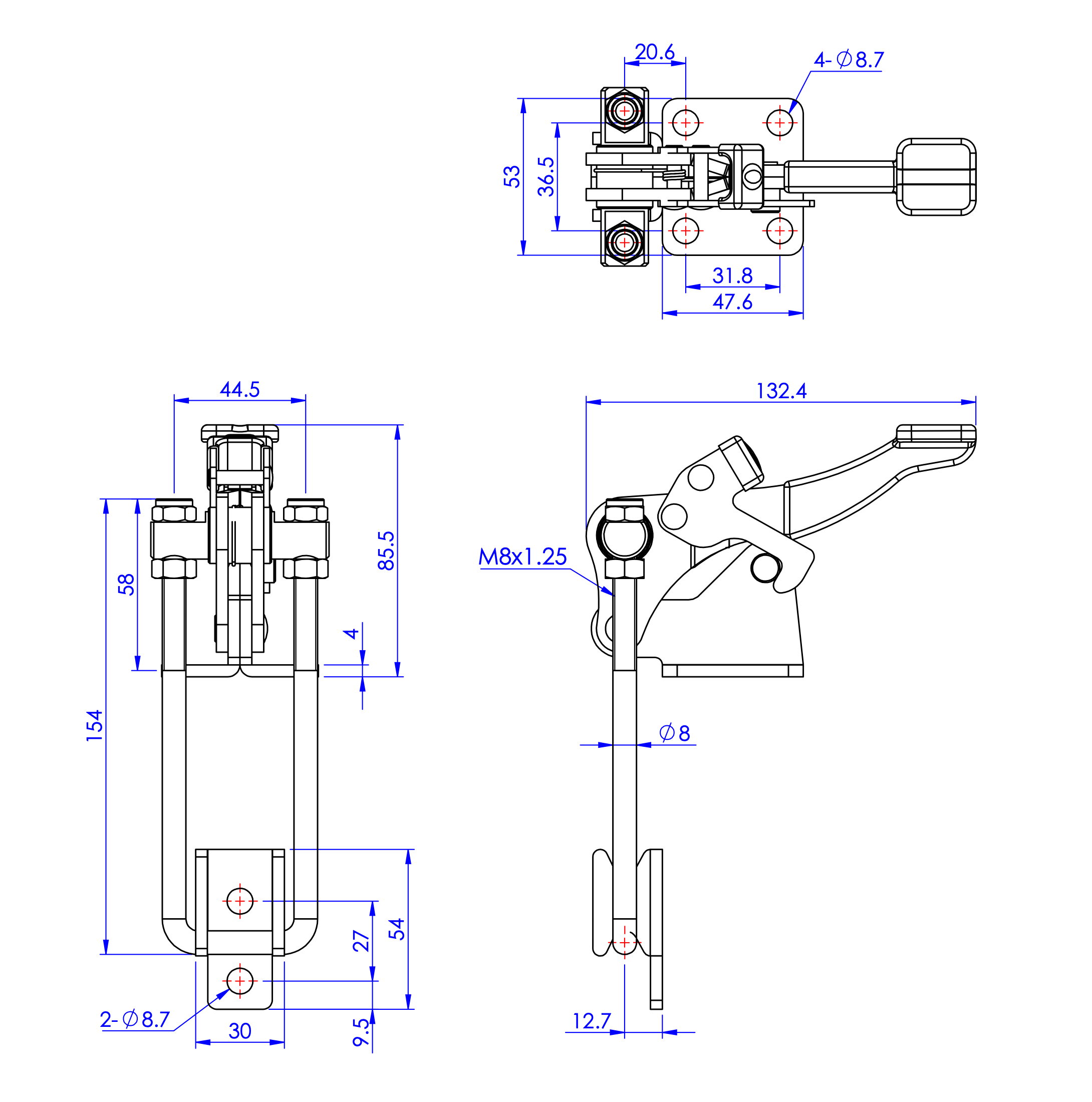 GH-40344-R Technical Drawing Latch type toggle clamp with vertical U-hook and safety lock