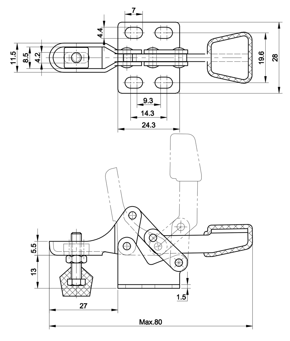 DST-20800 Technische Zeichnung Waagrechtspanner mit waagrechtem Fuss 300N