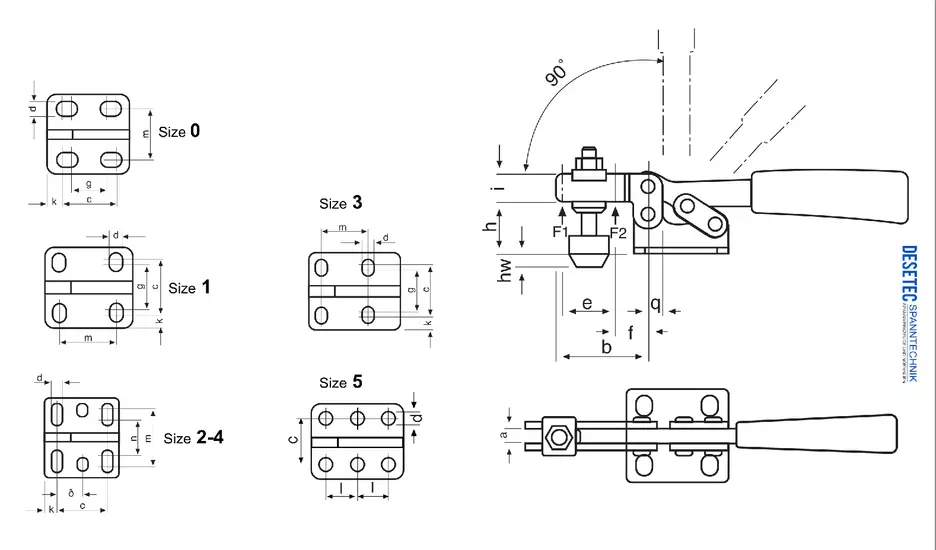 M20 Technical Drawing/Datasheet Horizontal toggle clamp with horizontal base and open clamping arm
