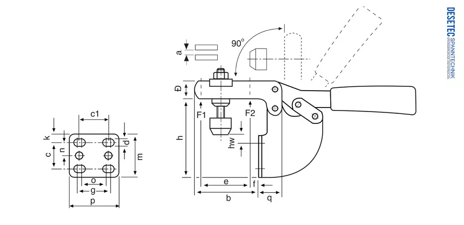 M22 Technical Drawing/Dimension table Horizontal toggle clamp with angle base and open clamping arm