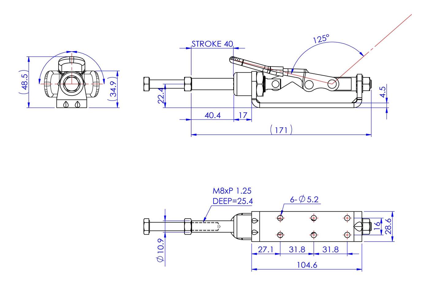 DST-30606 Kompakter Schubstangenspanner mit schmalem Flanschfuss, 40mm Hub, 2000N Technische Zeichnung