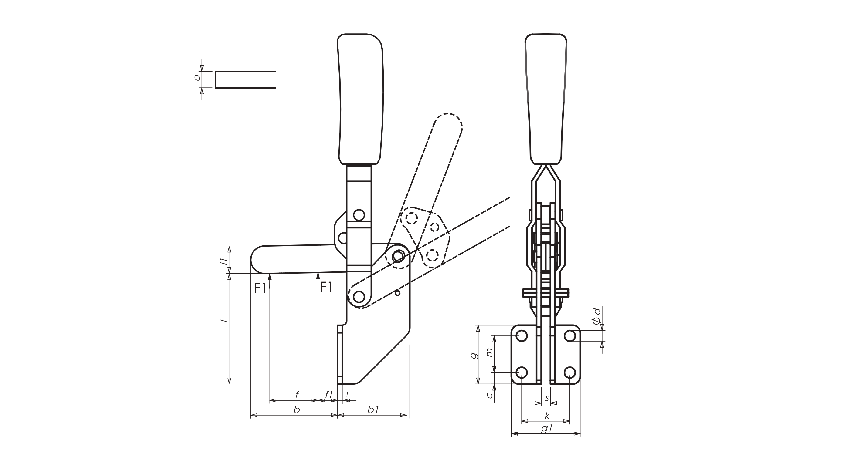 M12L Technische Zeichnung Senkrechtspanner mit Winkelfuß und massivem Haltearm