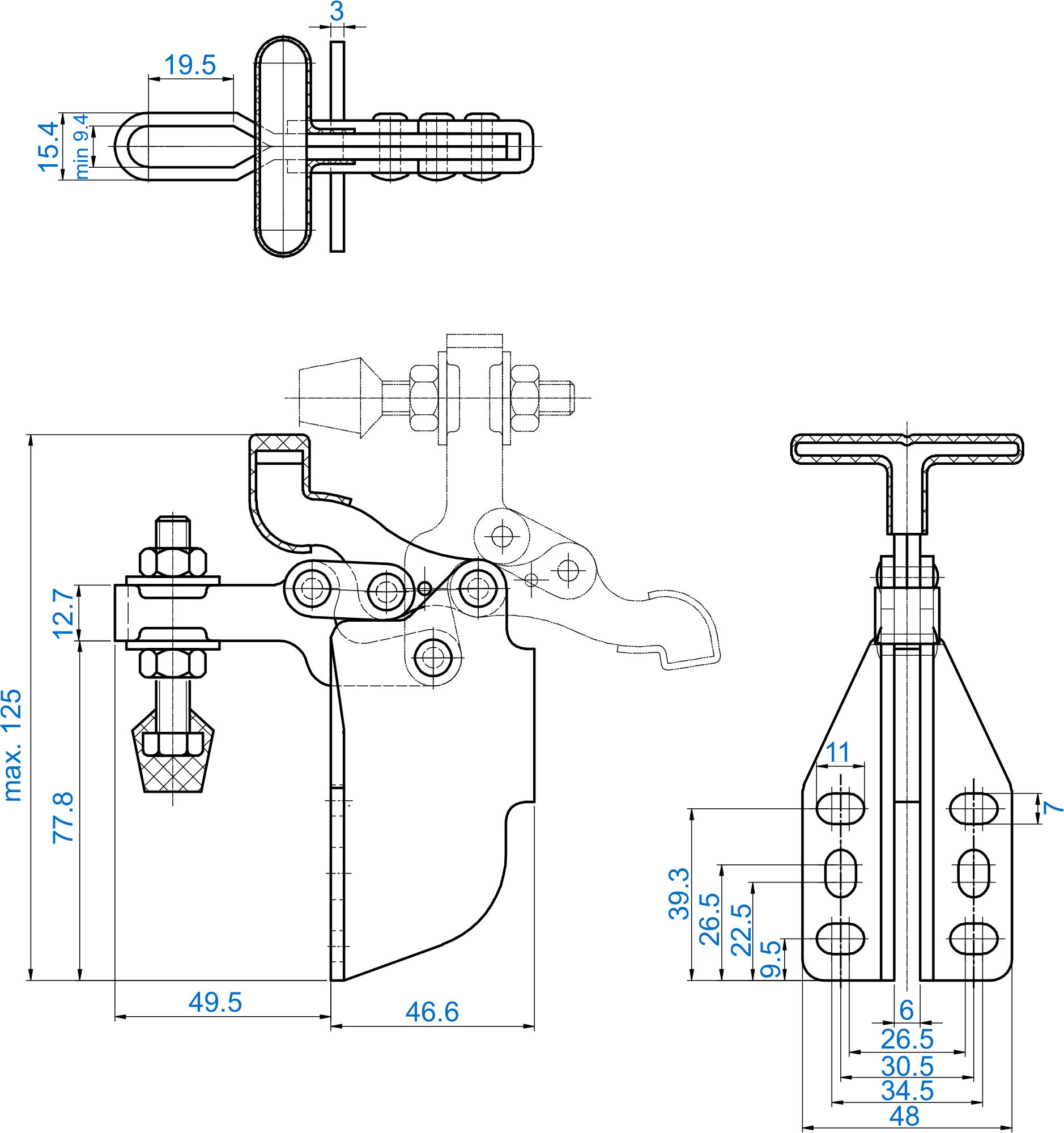 DST-13007-SM Technische Zeichnung Waagrechtspanner Kompakte Bauform mit Winkelfuss 1500N