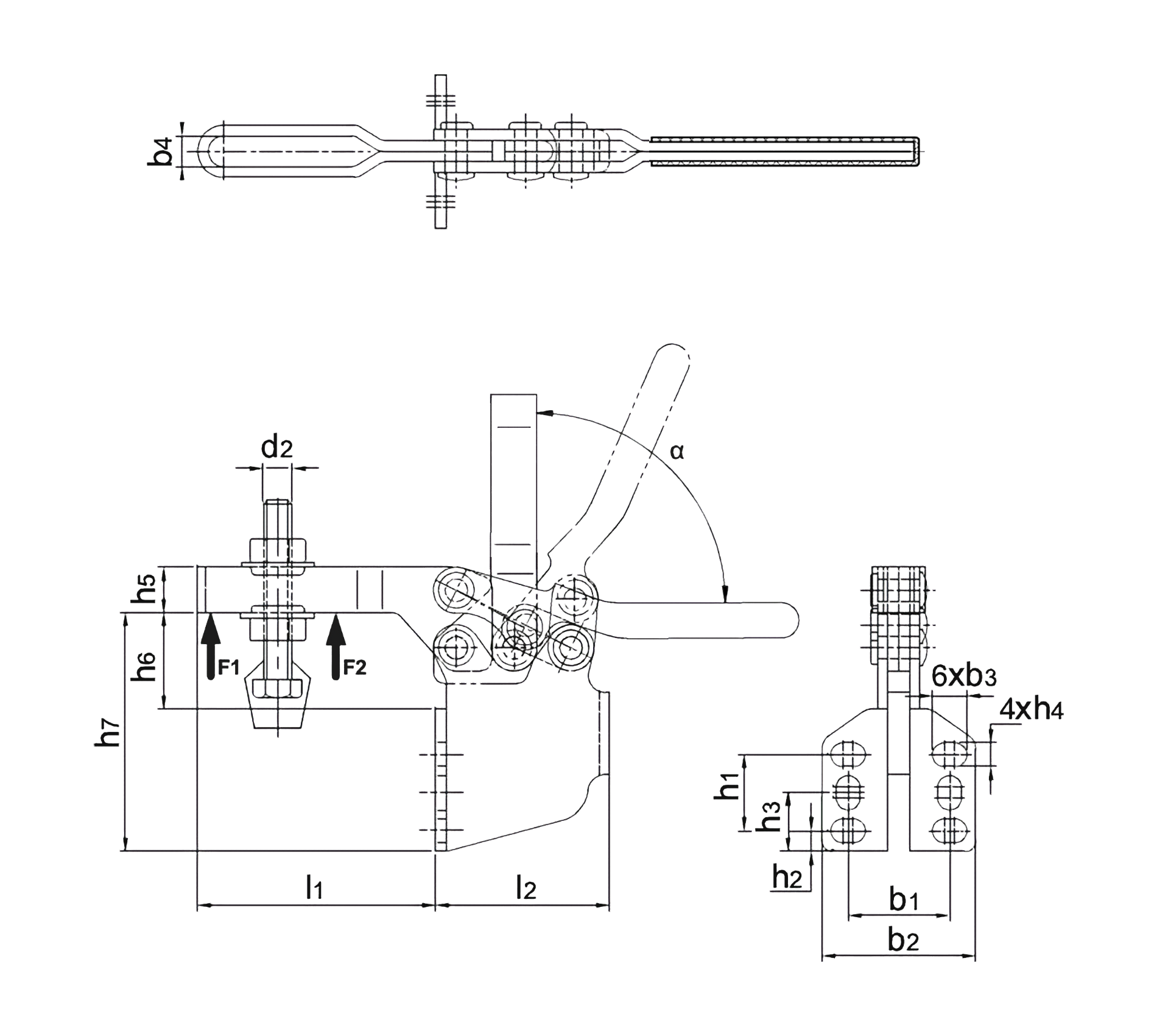 DST-213 Waagrechtspanner mit Winkelfuß und U-Spannarm Technische Zeichnung