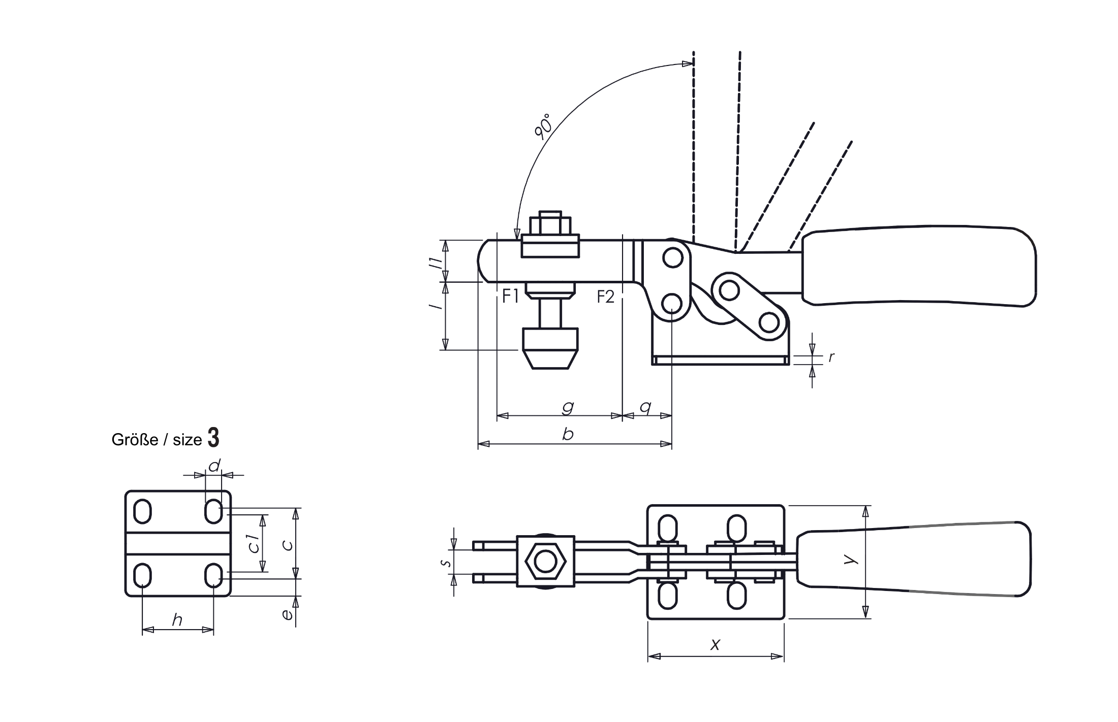 M20S Waagrechtspanner mit waagrechtem Fuß und Sicherheitsverriegelung Technische Zeichnung