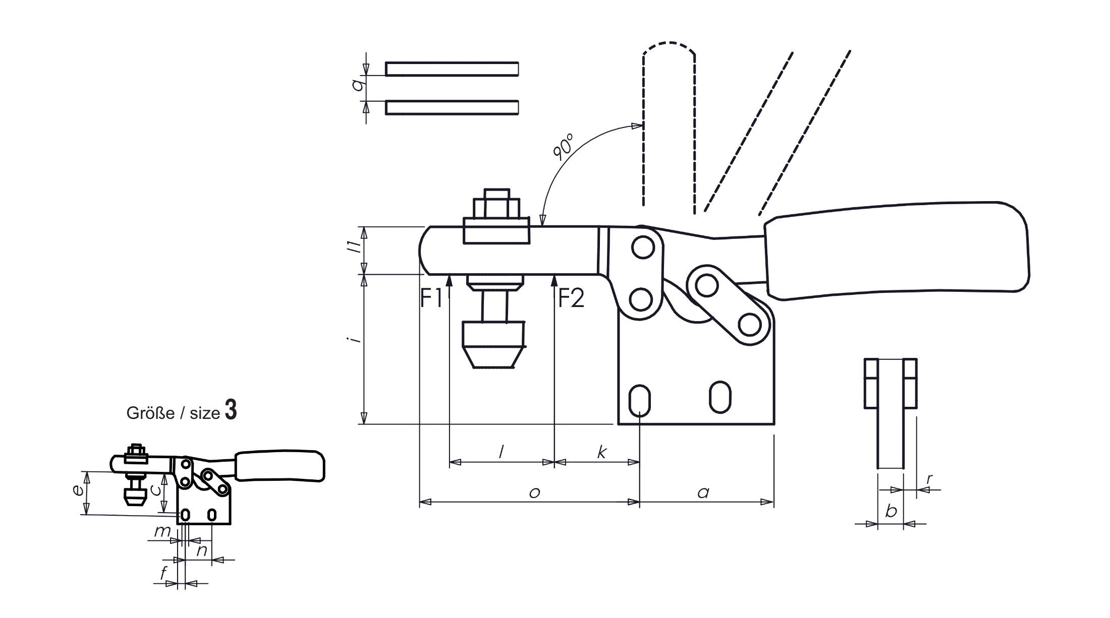 M21S Waagrechtspanner mit senkrechtem Fuß und Sicherheitsverriegelung Technische Zeichnung